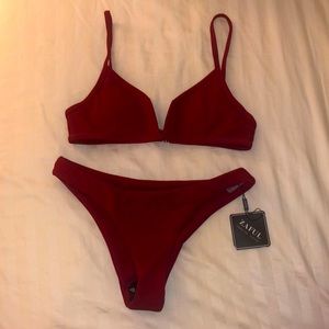 ZAFUL ribbed wired cami bikini set/RED WINE